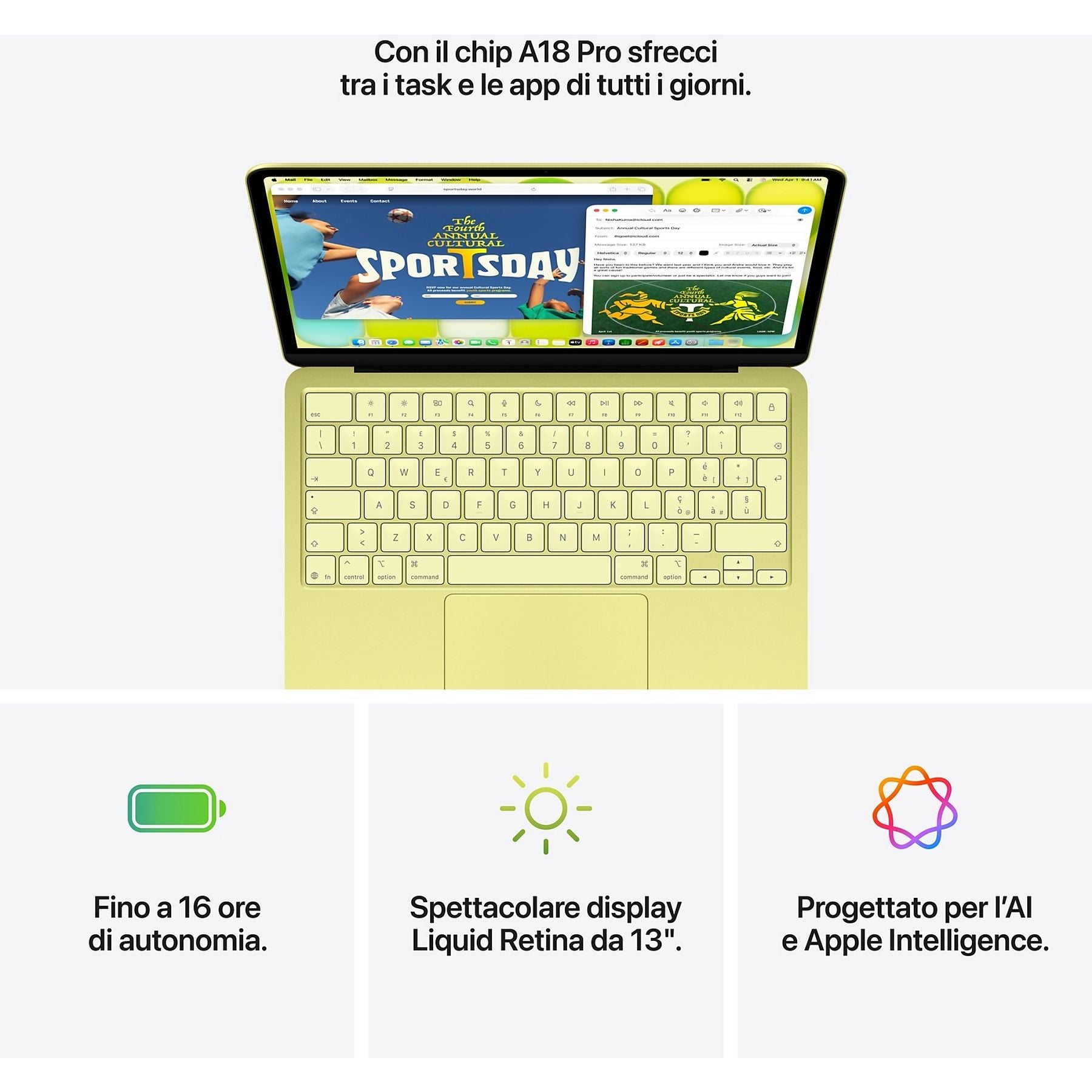 APPLE MacBook Neo 13'', Chip A18 Pro, 6 CPU 5 GPU, 8GB, 256GB, Magic Keyboard, Giallo