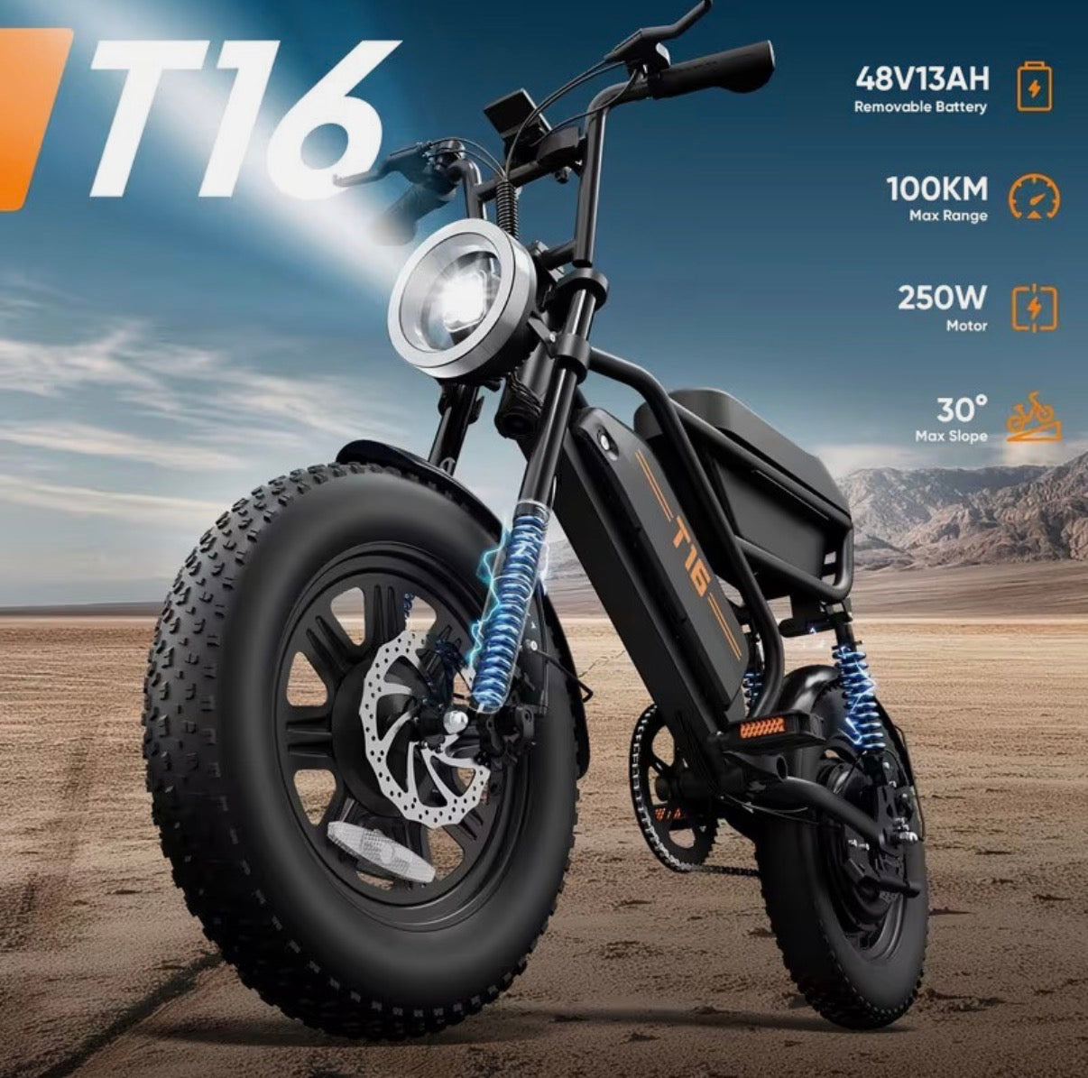 URLIFE Bicicletta Elettrica T16" x 3.0, Batteria Rimovibile da 48V 13Ah, Motore Brushless da 250W, Autonomia di 100km, Bici Elettrica con Doppia Sospensione