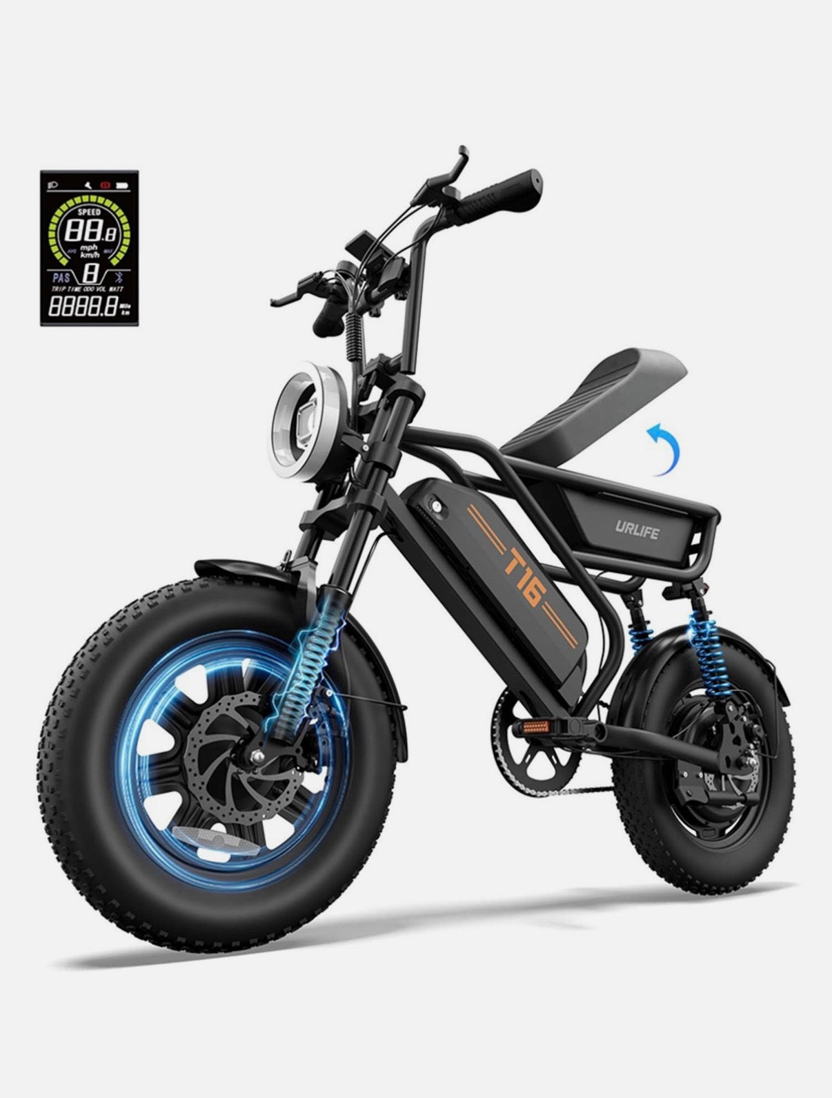 URLIFE Bicicletta Elettrica T16" x 3.0, Batteria Rimovibile da 48V 13Ah, Motore Brushless da 250W, Autonomia di 100km, Bici Elettrica con Doppia Sospensione