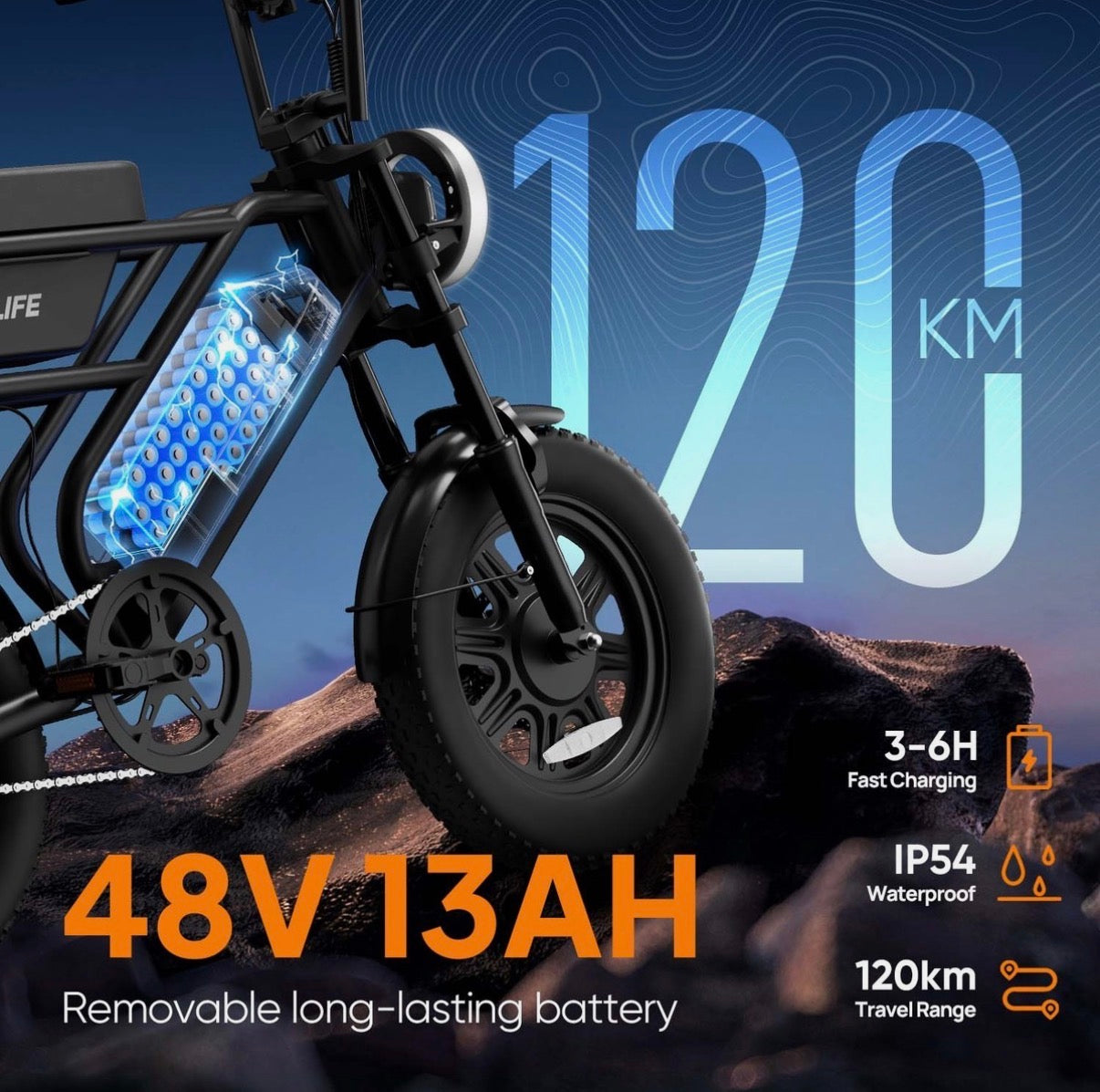 URLIFE Bicicletta Elettrica T16" x 3.0, Batteria Rimovibile da 48V 13Ah, Motore Brushless da 250W, Autonomia di 100km, Bici Elettrica con Doppia Sospensione